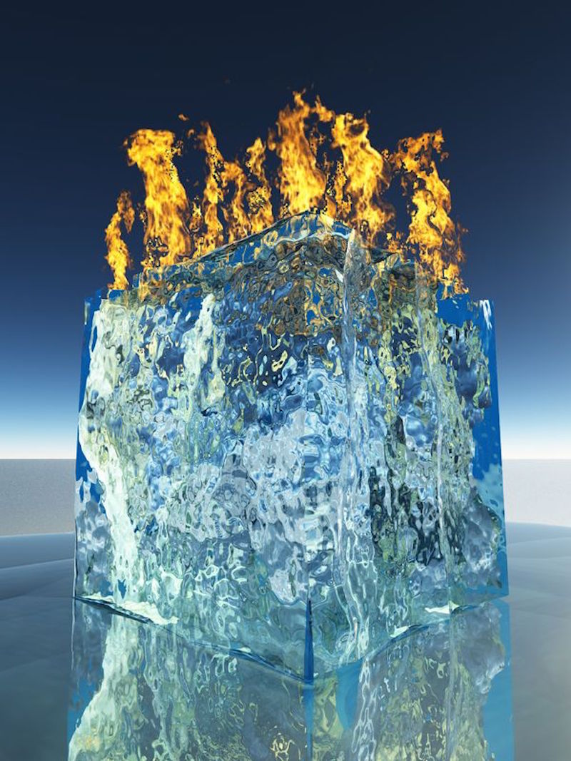 Image of a burning ice cube displaying heat or ice